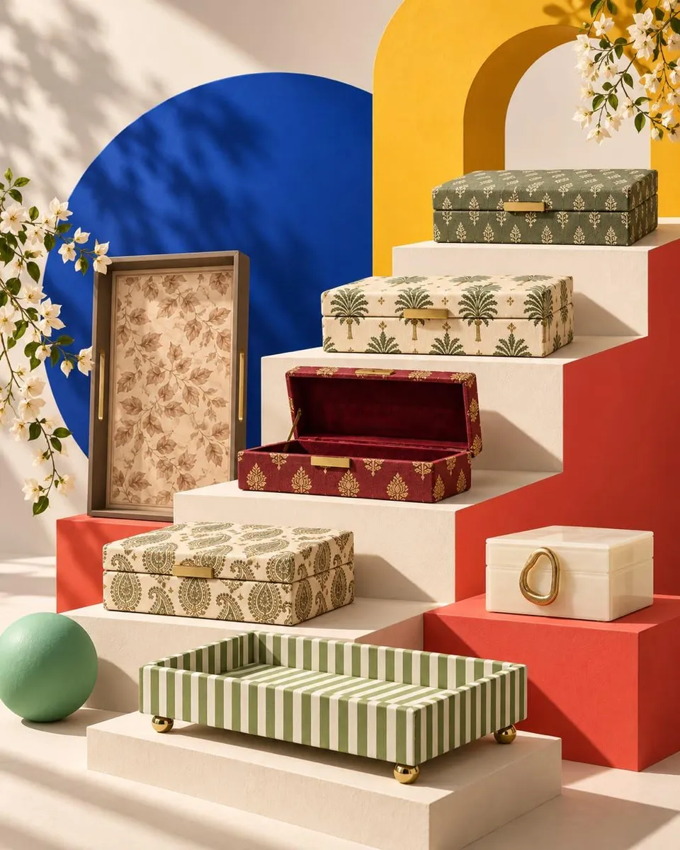 ev decorative boxes styled on plinths